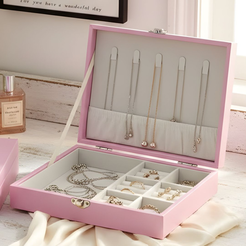 Elegant Pink PU Leather Jewelry Organizer Box