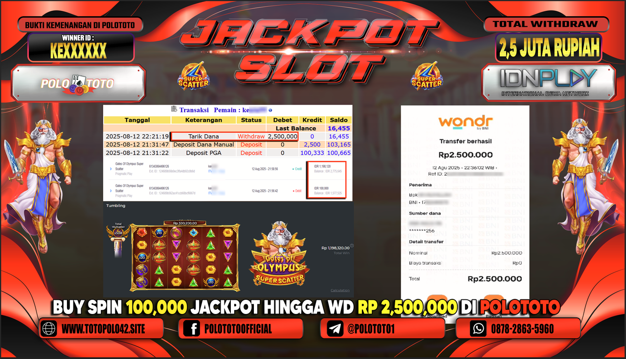 POLOTOTO JACKPOT SLOT GATES OF OLYMPUS SUPER SCATTER Rp.2.500.000,-LUNAS
