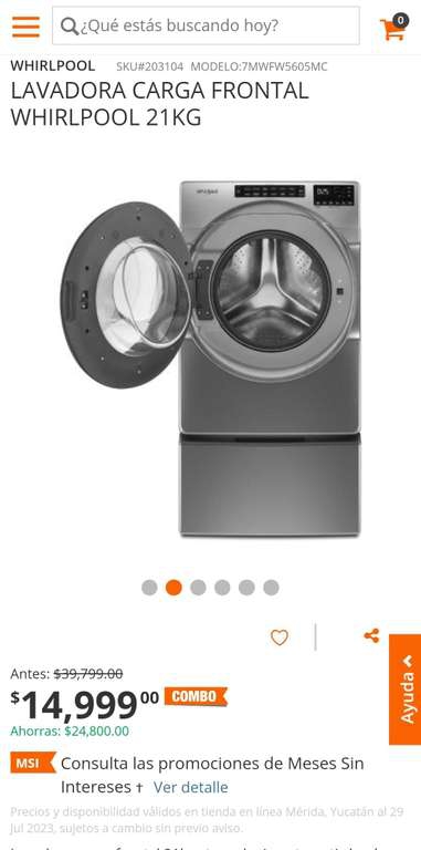 Home Depot: Lavadora carga frontal 21kg Whirlpool y hasta 18 msi 
