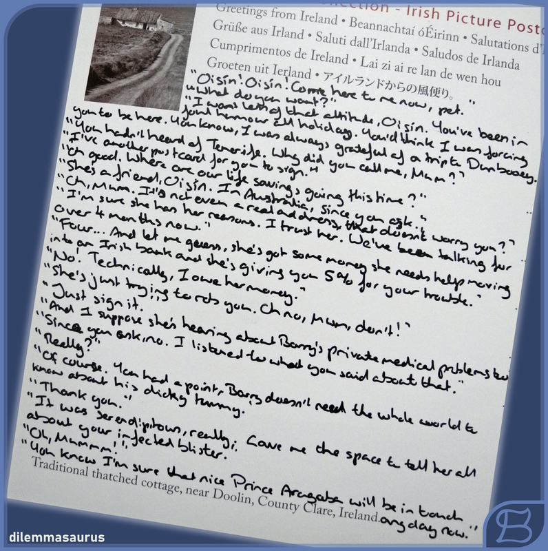 Another postcard showing a second conversation between Anne Flanagan and Oisín.  A transcription is available in chapter 2 of this work.