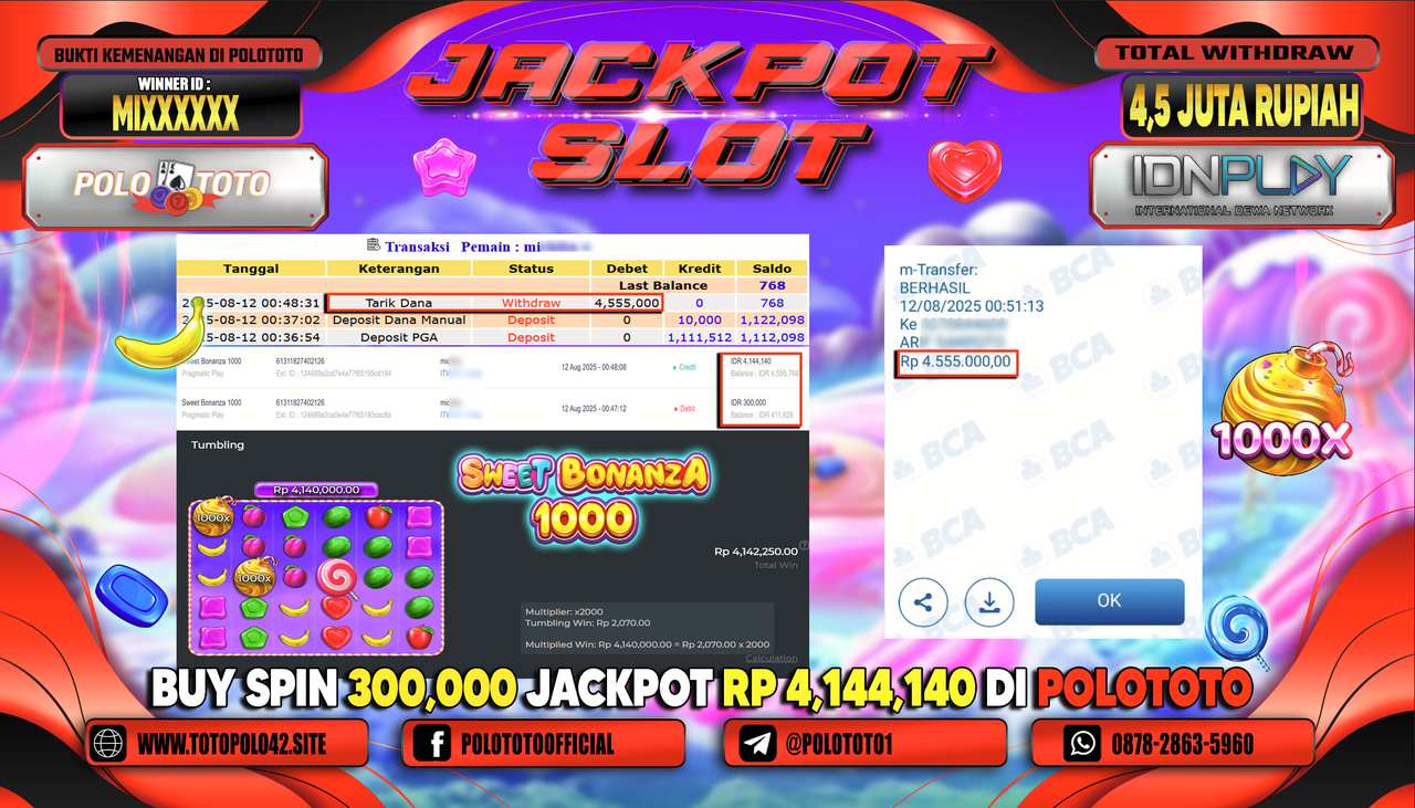 POLOTOTO JACKPOT SLOT SWEET BONANZA 1000 Rp.4.500.000,-LUNAS