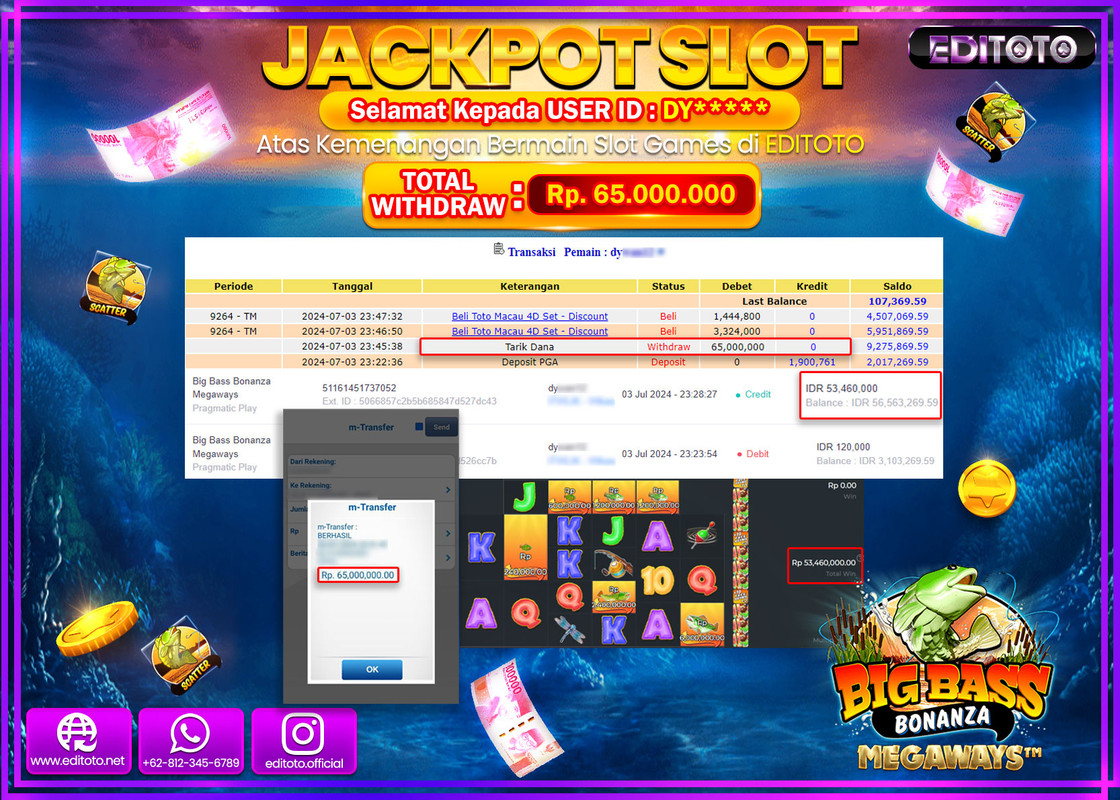 JACKPOT  SLOT EDITOTO BIGBASS BONANZA MEGAWAYS Rp.65.000.000.,- LUNAS