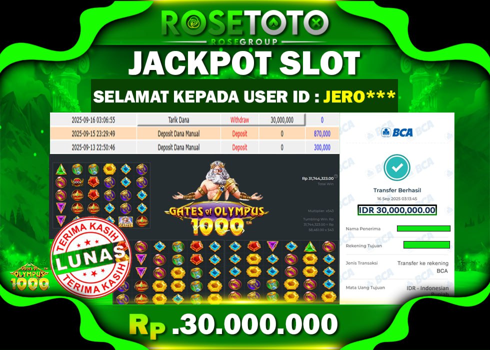 ROSETOTO JACKPOT SLOT Gates Of Olympus 1000 Rp.30.000.000.,- LUNAS