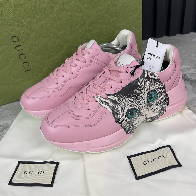 Gucci Rhyton Sneakers Mystic Cat Printed Pink Leather 8 US