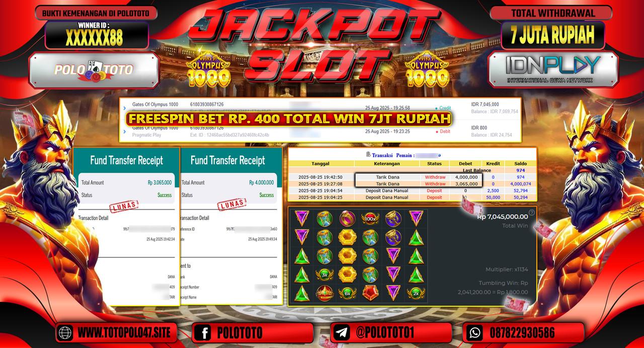 POLOTOTO JACKPOT SLOT GATES OF OLYMPUS 1000 Rp.7.000.000,- LUNAS