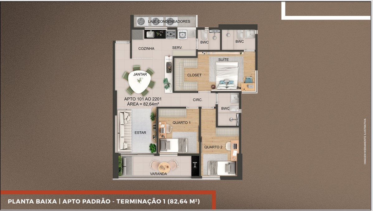 Planta baixa do apartamento padrão com 3 quartos