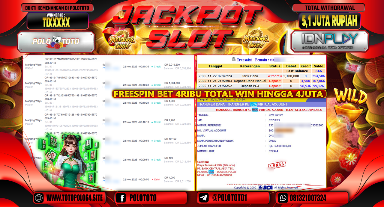 POLOTOTO JACKPOT SLOT MAHJONG WAYS Rp.5.100.000,- LUNAS