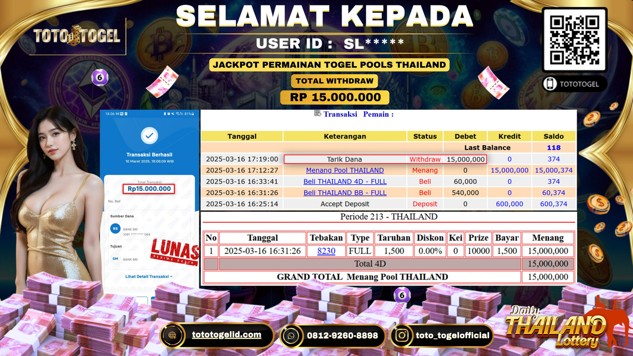 Bukti Pembayaran Jackpot  Permainan Togel Pools Thailand ID:SL***** LUNAS