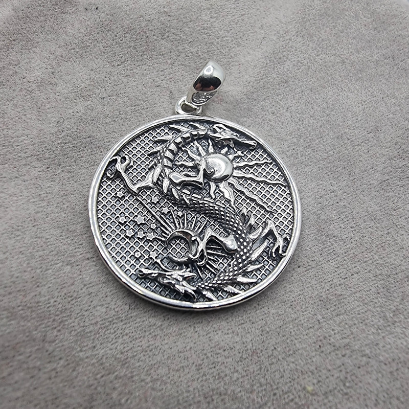 925 Sterling Sun and Moon Dragon Amulet Silver Pendant Unisex Vintage Jewelry
