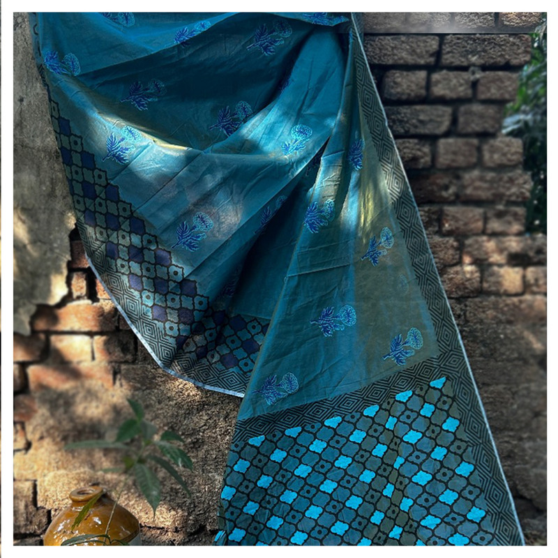 Hand Block Printed Blue Saree with Teal Blue and Black Motifs