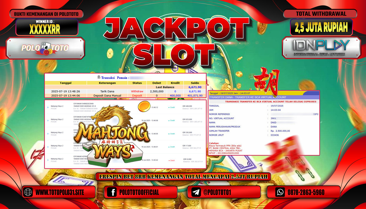 POLOTOTO JACKPOT SLOT MAHJONG WAYS 2 Rp.2.500.000,- LUNAS