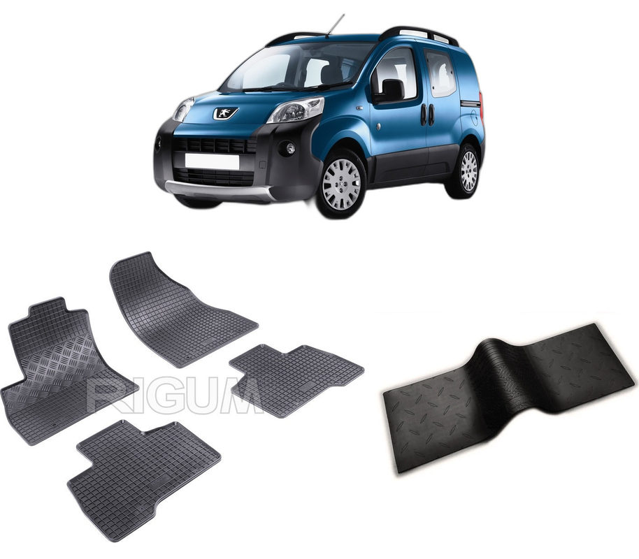Set covorase auto PEUGEOT BIPPER din 06.2008-2017, cu covoras tunel median, CAROSERIE VAN 5 LOCURI, Presuri cauciuc 100%, compatibil cu autoturismul PEUGEOT BIPPER, Rigum