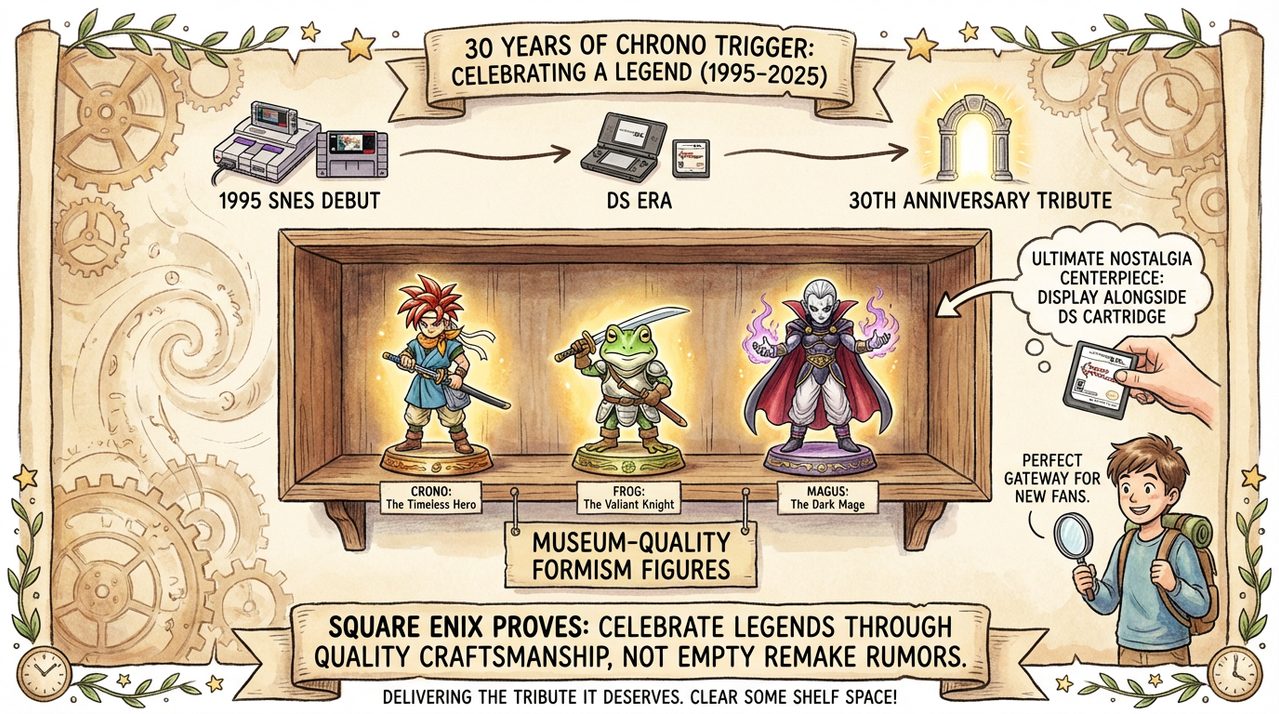 Premium collectible figures displayed at gaming convention with dramatic lighting