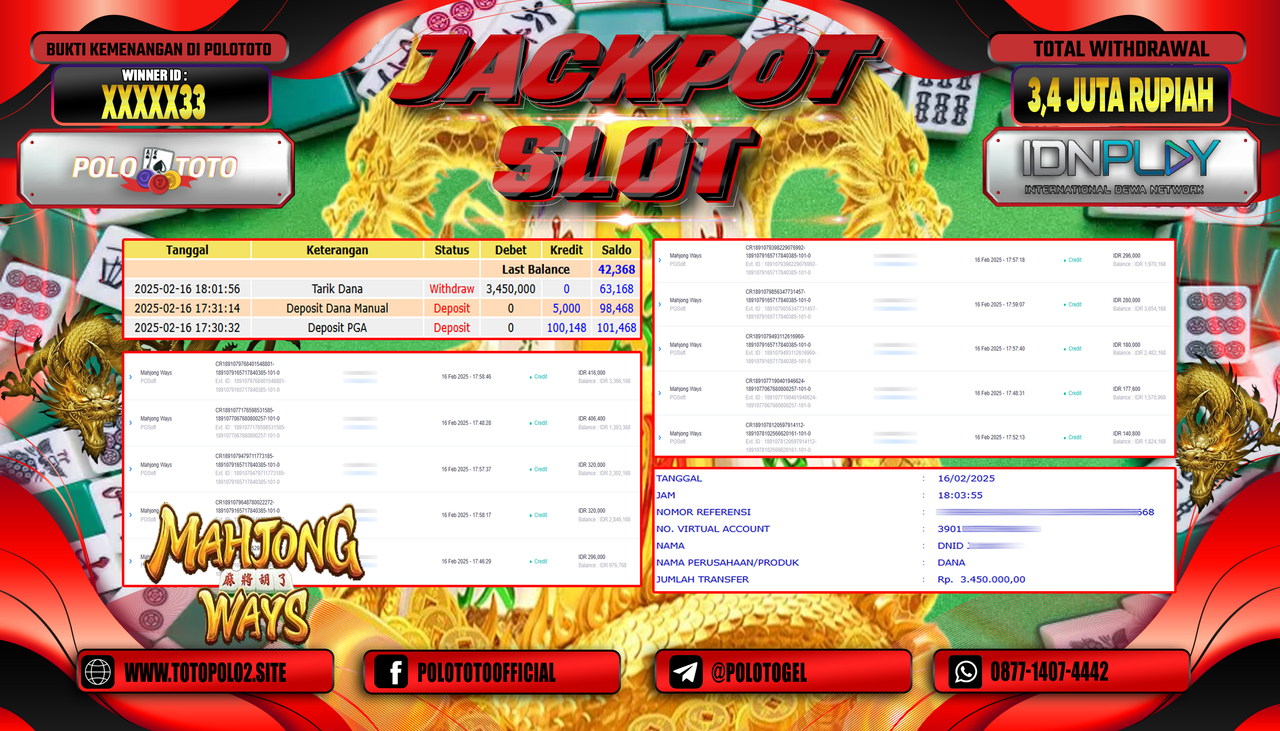 POLOTOTO JACKPOT SLOT MAHJONG WAYS Rp.3.450.000,-