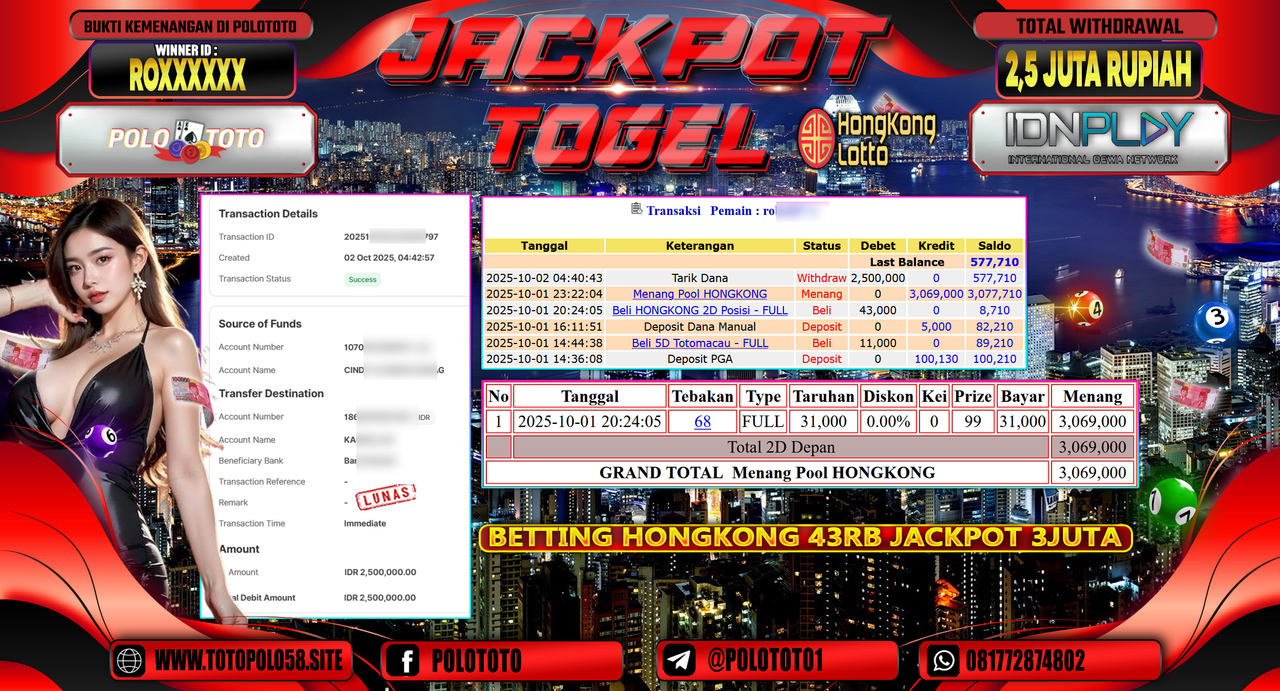 POLOTOTO JACKPOT TOGEL HONGKONG LOTTO Rp.2.500.000,- LUNAS