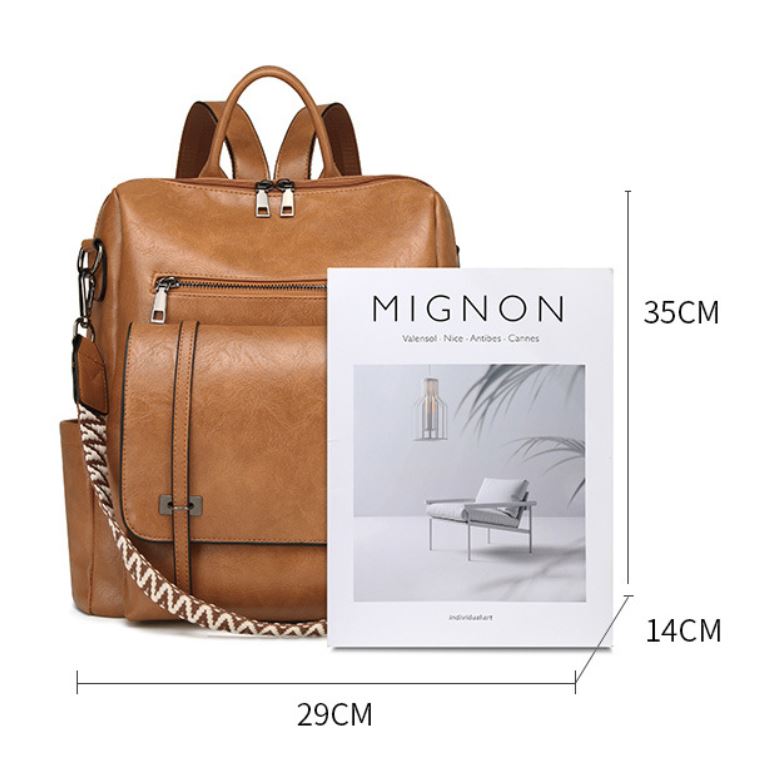 Pink Retro Soft PU Leather Backpack for Women - Water-Resistant Large Capacity Travel Rucksack with Dual Detachable Straps