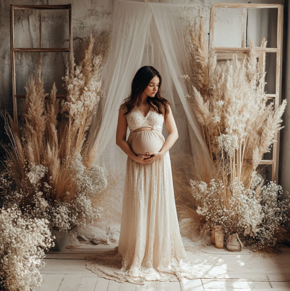 Mujer embarazada posando con fotógrafo