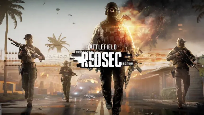 Keyart for Battlefield Redsec that shows 4 soldiers walking down the street towards the camera.
