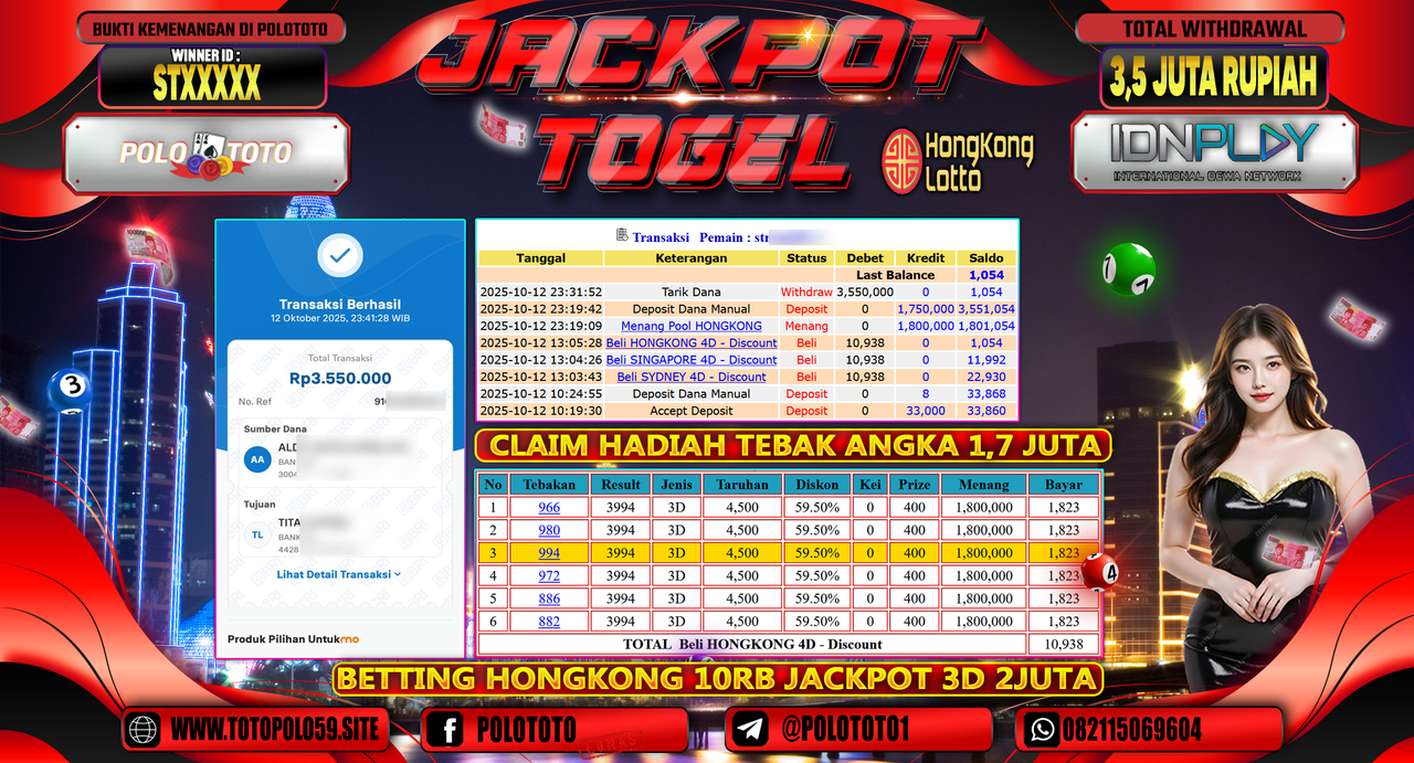 POLOTOTO JACKPOT TOGEL HONGKONG LOTTO Rp.3.500.000,- LUNAS