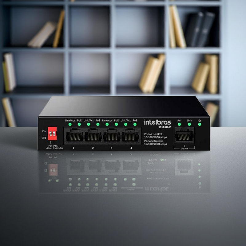 Switch Intelbras S1105G-P em ambiente de rede com câmeras