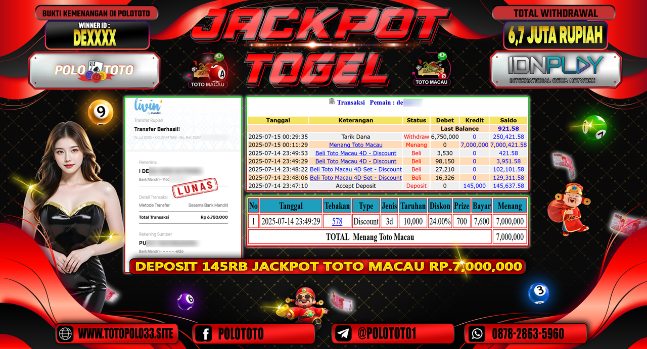 POLOTOTO JACKPOT TOGEL TOTO MACAU Rp.6.750.000,-