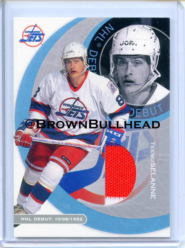 2002 03 BAP First Edition NHL Debut ND 06 Teemu Selanne Winnipeg Jets 50 swatch blue red whi