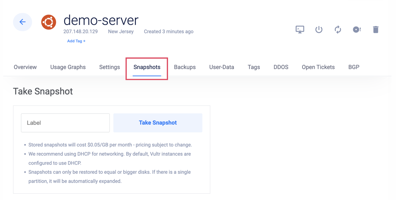 Navigating to Snapshots tab