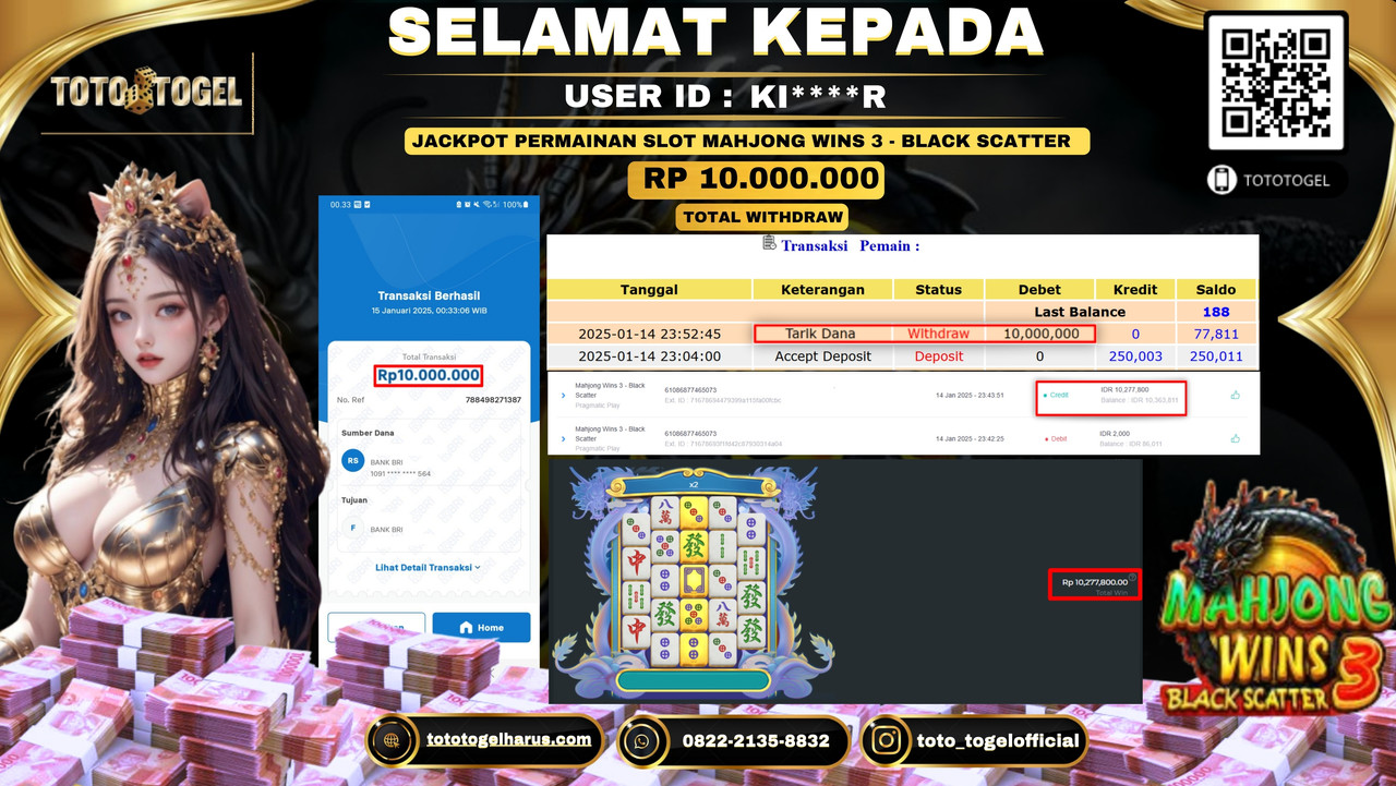 Bukti Pembayaran Jackpot  Permainan Slot Mahjong Wins 3 - Black Scatter  :KI****R  LUNAS