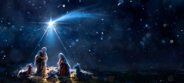 natividad de jesús con la estrella cometa escena con la sagrada familia en la noche nevada y