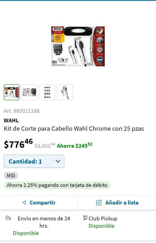 Sam's Club Kit de corte para cabello Wahl Chrome con 25 pzas. 