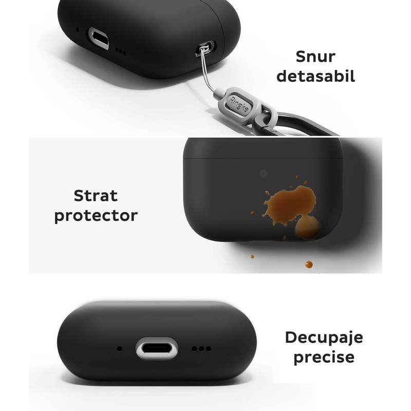 Husa pentru Apple AirPods Pro 3 Ringke, Silicon premium, Breloc Carabina, Snur detasabil, Incarcare Wireless, Roz APDP3 SLCN BK Sub6