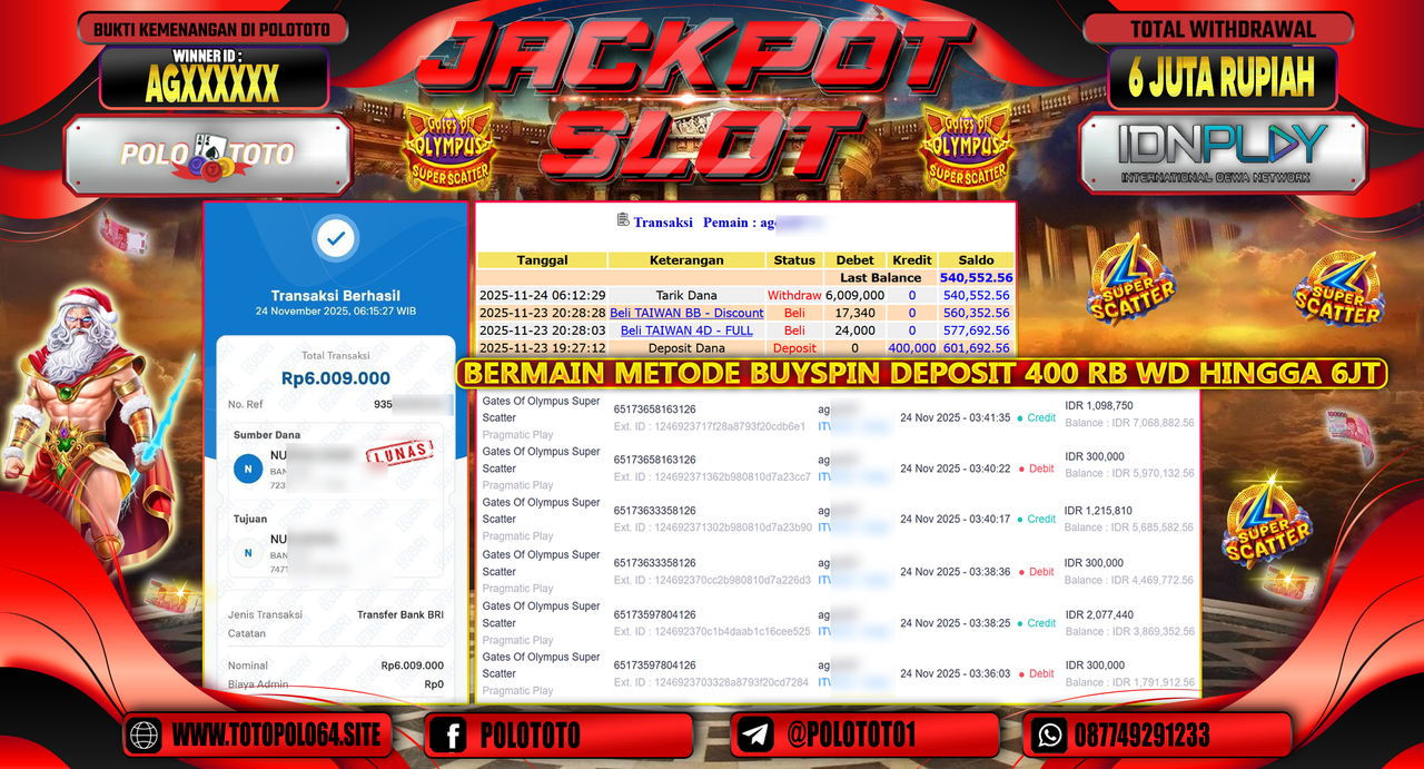 POLOTOTO JACKPOT SLOT GATES OF OLYMPUS SUPER SCATTER Rp.6.000.000,- LUNAS