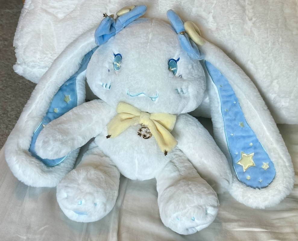 White bunny plush with blue embroidery details