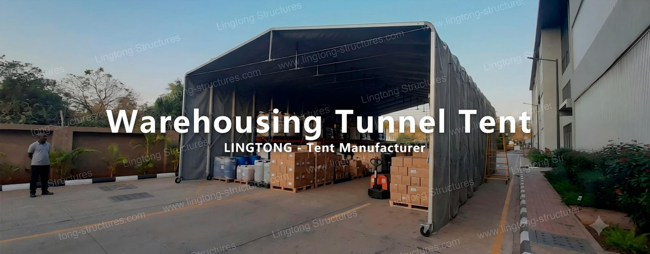 Retractable tunnel tent with scissor-fold structure extended for temporary warehouse storage