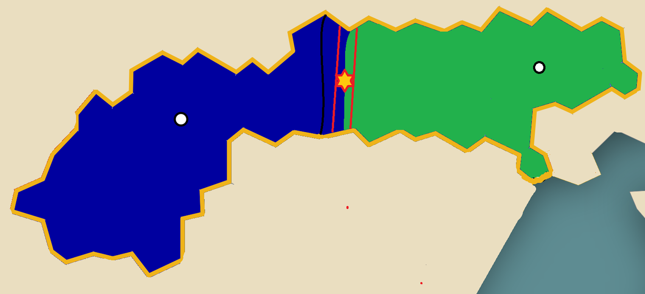 Carte de l'Elsvenwald (en bleu) et de la Velvetie (en vert) en 1095 l'étoiles représente la bataille de Elsenstadt les deux bandes rouges représentent la ligne de front et la bande noire le mur de Hrafngarðr.