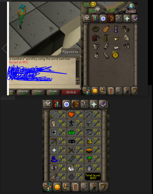 AMAZING LVL 105 MED LEVEL - 10m  NMZ POINTS - B GLOVES - 75 AGILITY - GRACEFUL - MM2 DONE - 99 MAGE 