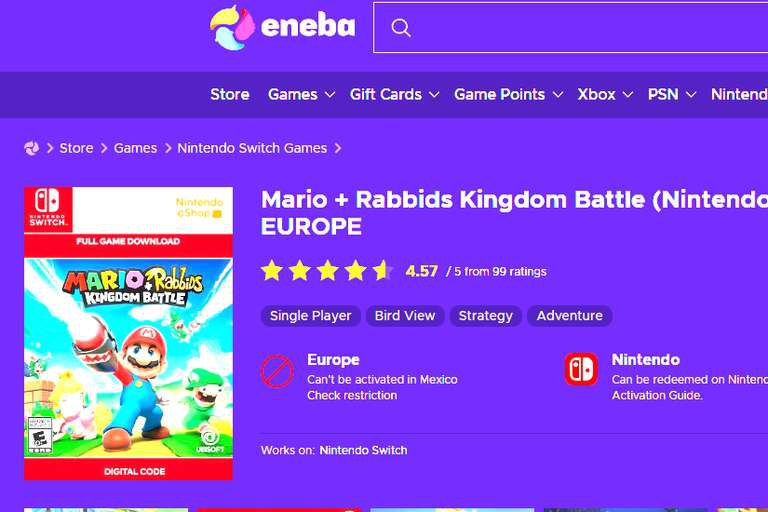 Eneba: Mario + Rabbids Kingdom Battle $384 

