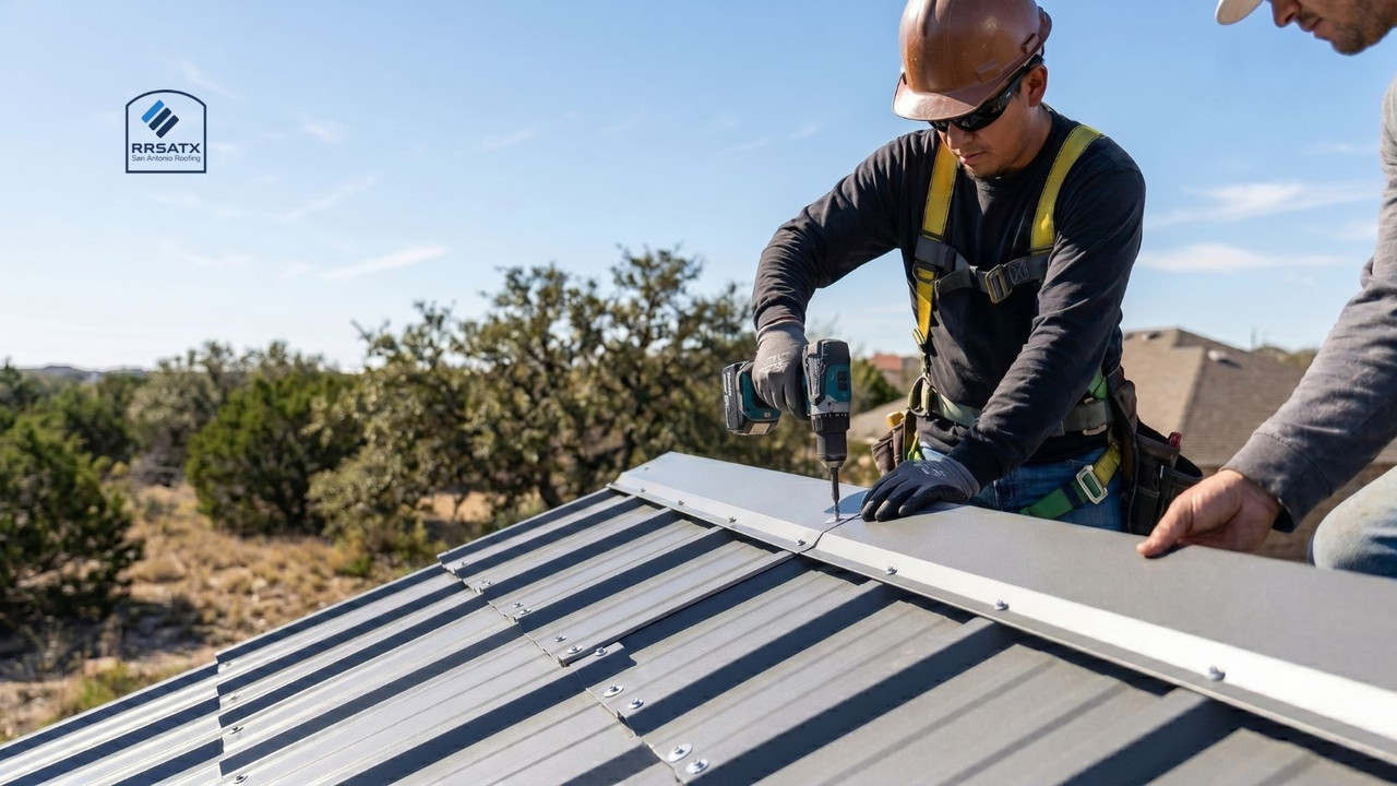 Corrugated metal roof fasteners and ridge cap installation San Antonio