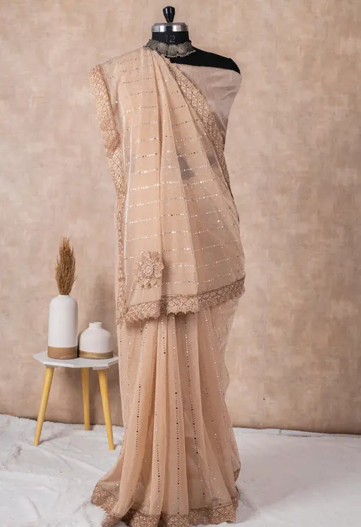 SHIMMER SAREE WITH MIRROR WORK AND CHEMICAL LACE AND DIMOND HAND WORK_COLOR7(R104)