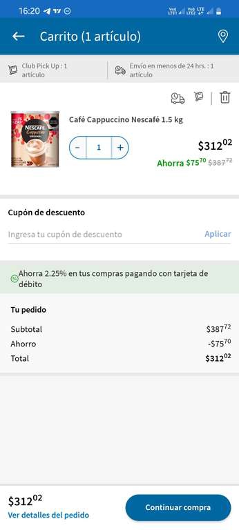 Sam's Club: Nescafé capuchino lata de 1.5 kg.