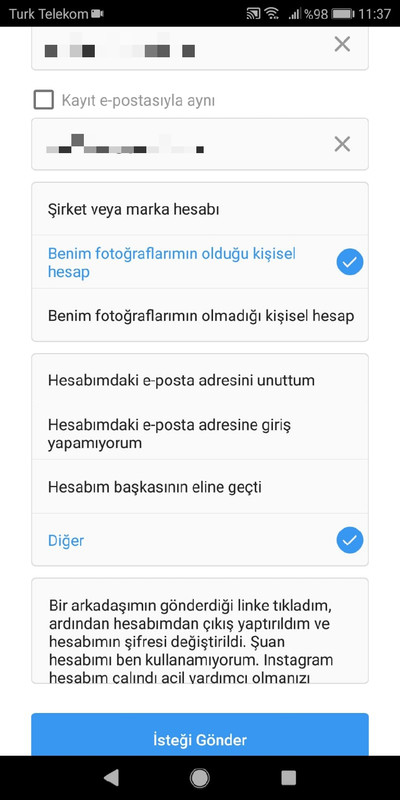 instagram çalınan hesabı geri alma formu