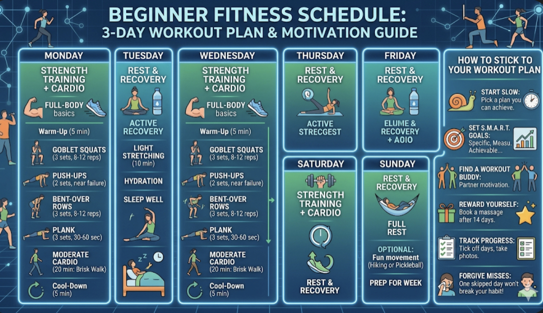 Beginner fitness schedule showing how to stick to a workout plan with 3 days weekly strength training and cardio