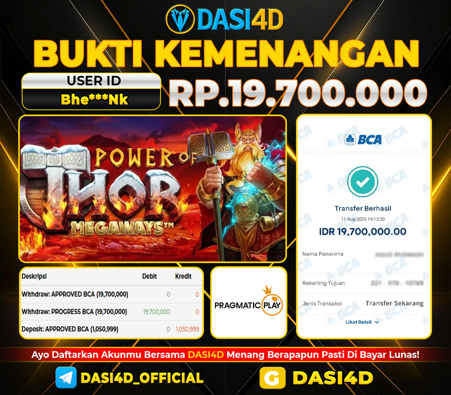 BUKTI KEMENANGAN 11 AGUSTUS 2025 DI POWER OF THOR WD 19.700.000