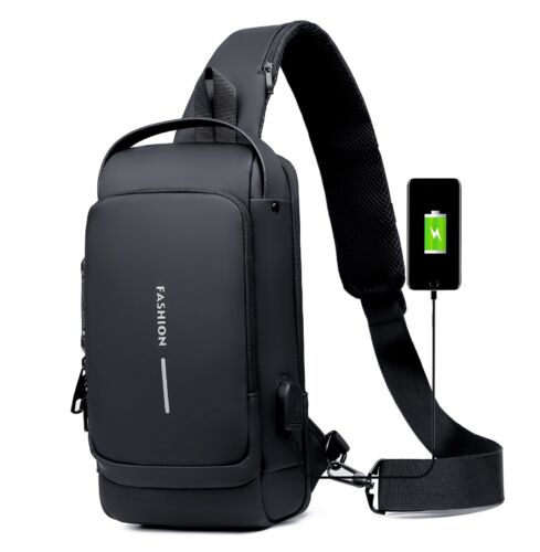 USB charging sport sling Anti-theft shoulder bag (Black)