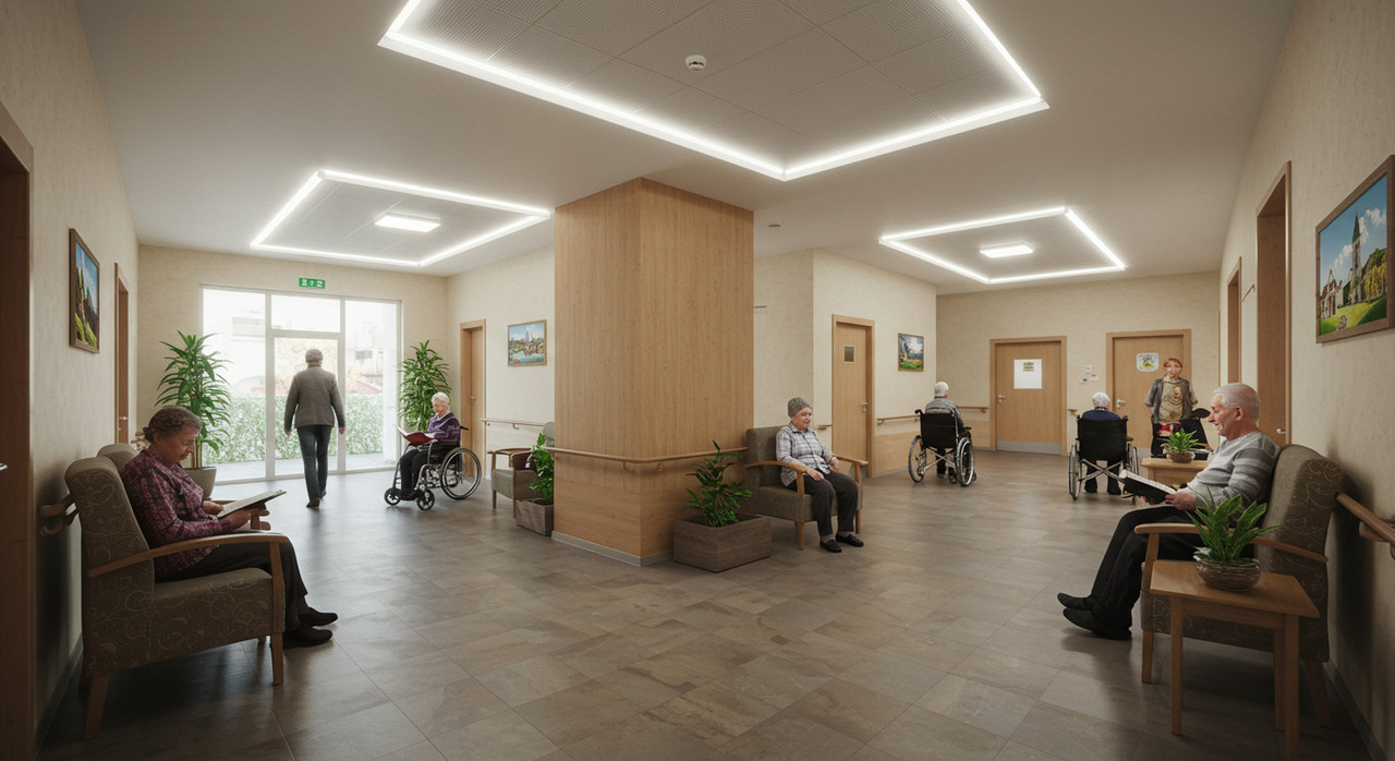 Интерьер частного дома для престарелых с пожилыми людьми