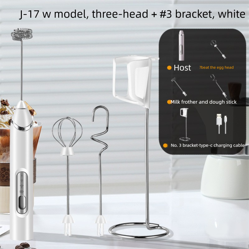 Rechargeable 3-in-1 Milk Frother Set with Metal Stand - Handheld Electric Whisk, Egg Beater & Mixing Hook - 3 Speed Foam Maker for Coffee, Lattes & Baking (White)