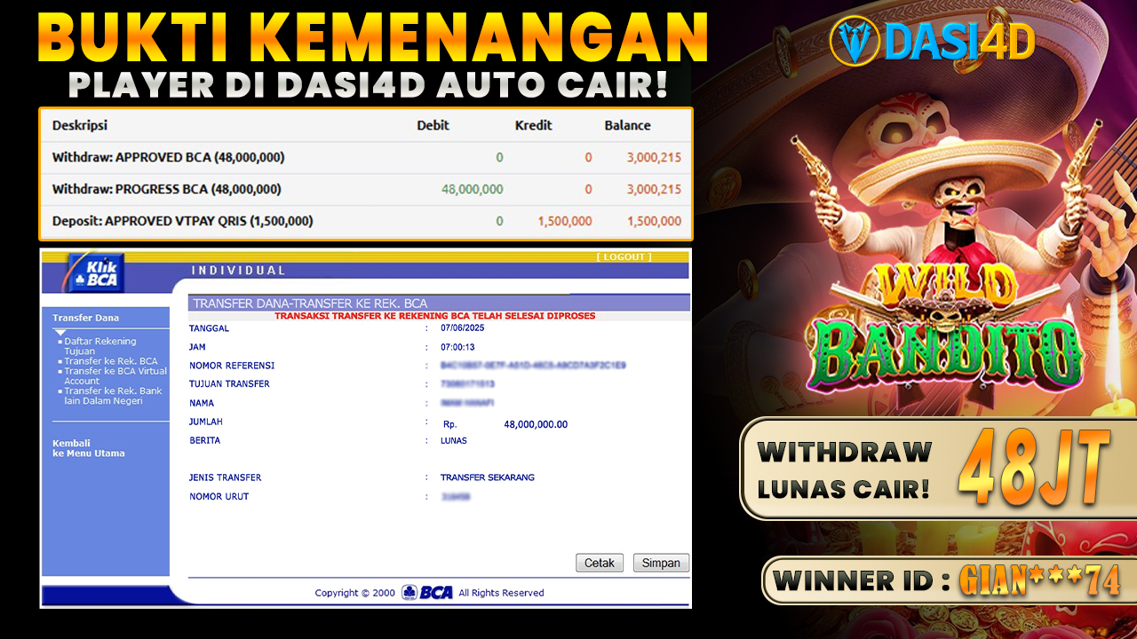 BUKTI KEMENANGAN 07 JUNI 2025 DI WILD BANDITO  WD 48 JUTA