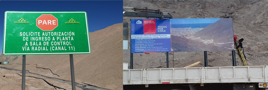 Ejemplo de señalética vial y minera fabricada por Prosigna, incluye letrero verde con texto 'PARE SOLICITE AUTORIZACIÓN DE INGRESO'