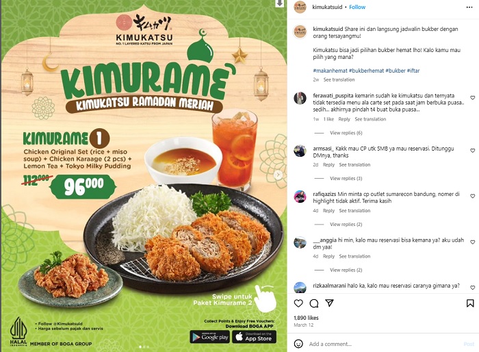 Kimukatsu menawarkan paket bukber dengan harga mulai Rp 96 ribuan.