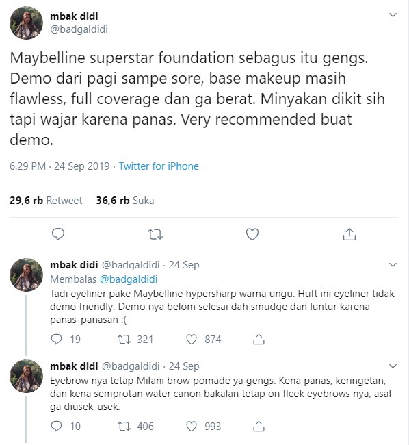 Thread akun twitter @badgaldidi soal make up untuk demo